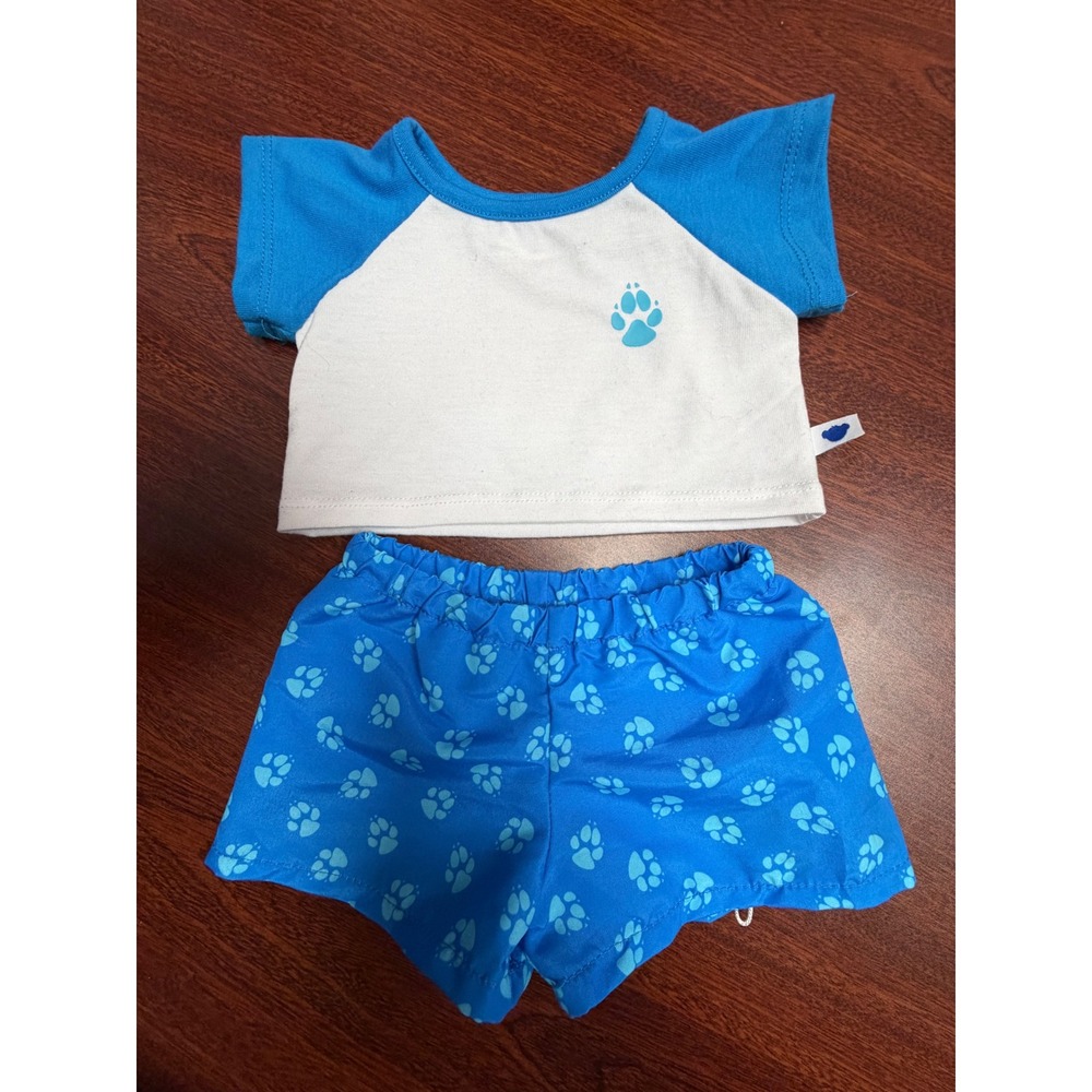 Build-A-Bear Workshop Blue White Paw Print Raglan Pajama Set Shorts OS EXCELLENT